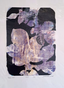Abstrakte Kunst: Schwarze Formen, lila Raster. Moderne Malerei, künstlerischer Ausdruck. Zeitgenössische Kunst.