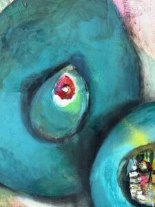 Abstrakte Malerei in Türkis und Rot. Moderne Kunst mit expressiven Farbflächen und dynamischen Formen. Zeitgenössische Kunst.