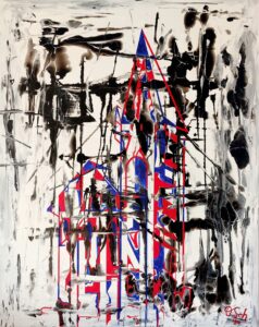 Abstraktes Gemälde: Rot, Blau und Schwarz auf Weiß. Moderne Kunst, zeitgenössische Malerei. Kunstwerk mit geometrischen Formen.