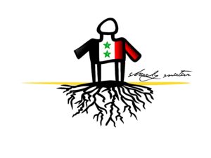 Syrien Grafik: Mensch mit Wurzeln, Flagge. Symbol für Heimat, Identität, und Zugehörigkeit.