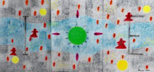 Abstraktes Kunstwerk: Fluss, grüne Kugel, rote Figuren, gelbe Punkte. Skizze mit Bleistift und Farbe.