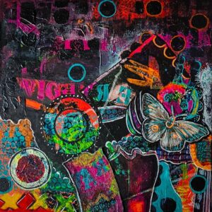 Abstrakte Malerei mit Schmetterling, Kreisen und bunten Formen. Kunstwerk, modern.