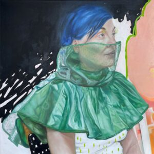Gemälde: Frau mit blauen Haaren, grünem Schleier. Kunst, Porträt, Malerei.