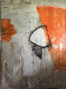 Abstrakte Kunst: Gemälde mit Orange, Grau und Weiß. Moderne Malerei mit dynamischen Formen und Texturen. Kunst für Wohnzimmer und Büro.