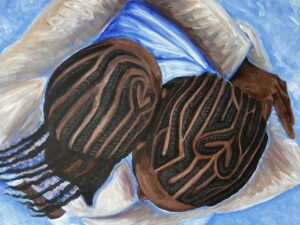 Gemälde: Zwei Köpfe mit geflochtenen Zöpfen, Herzmuster. Afroamerikanische Frisur, kulturelle Schönheit.
