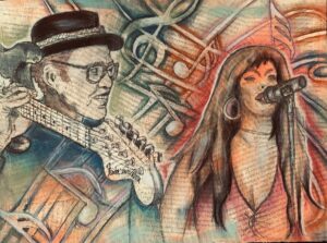 Gemälde: Musiker mit Gitarre und Sängerin am Mikrofon. Musiknoten im Hintergrund. Kunst, Konzert, Musik.