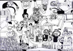Schwarz-weiße Strichzeichnung zeigt Menschen, Möbel und Glühbirnen in einem chaotischen, surrealen Design. Kunst, Illustration.