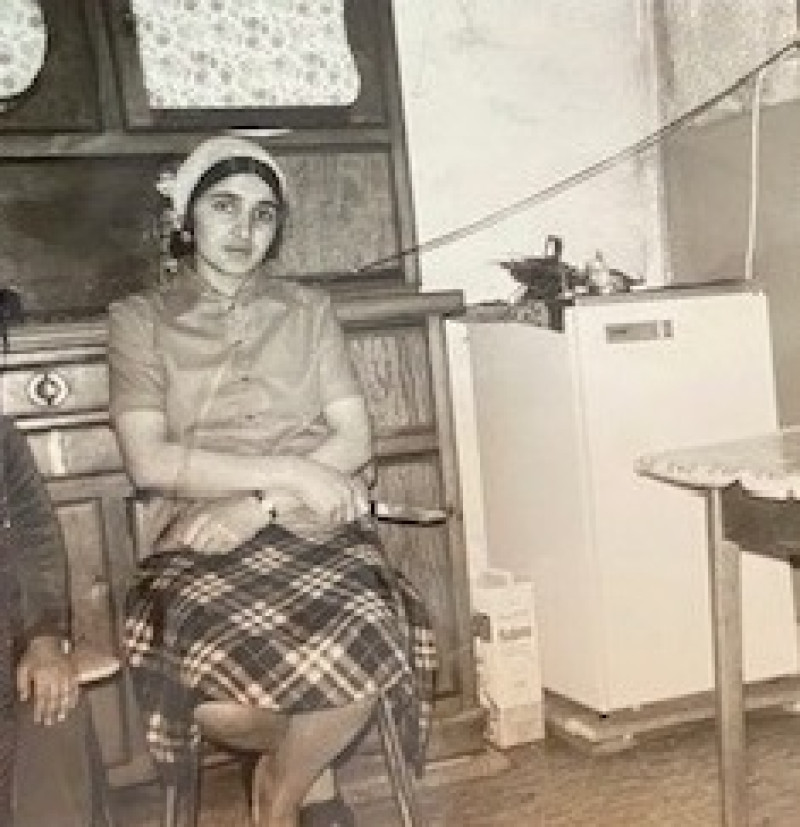event-9f24d4fb-bd07-4d31-8062-2bb7c09906fd-3 Vintage Foto: Frau mit Kopftuch sitzt in der Küche. Retro-Look, karierter Rock, Kühlschrank.