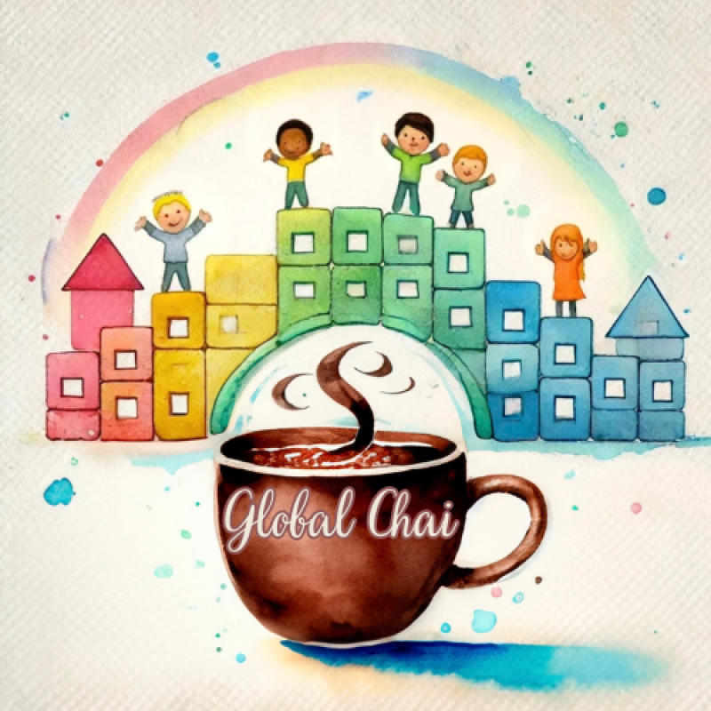 Aquarellbild: Global Chai Tasse, Kinder auf bunten Blöcken, Regenbogen. Heißes Getränk, Vielfalt, Spaß.