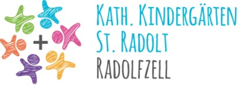 Katholischer Kindergarten St. Radolt Radolfzell Logo. Bunte stilisierte Kinderfiguren um ein Kreuz Symbol.
