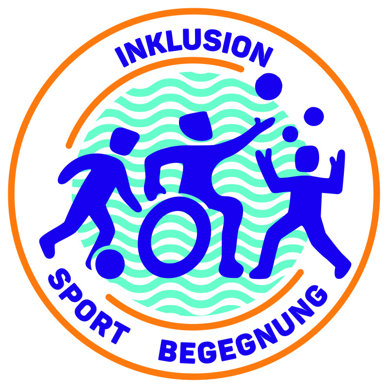Inklusion Sport Begegnung Logo: Menschen mit und ohne Behinderung beim Sport, inklusive Ballsport und Bewegung.